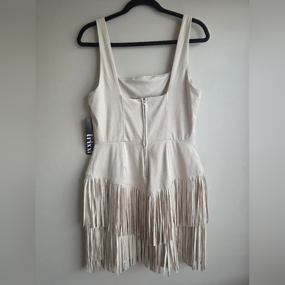 NWOT Trixxi Cream Faux Suede Tiered Fringe Mini Dress - Boho - Picture 6 of 12